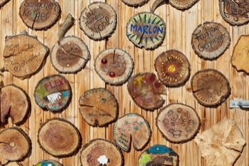 Eine Holzwand mit Baumscheiben die mit aufgemalten Namen von Schafpaten gestaltet sind.