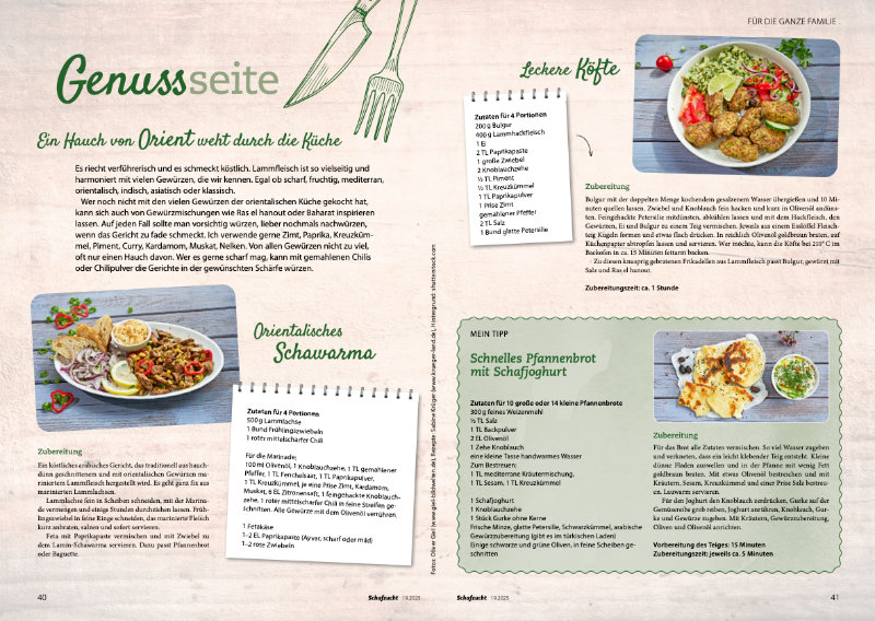 Doppelseite aus Kochbuch mit orientalischen Rezepten, Zutatenlisten und Foodfotografien von Gem&uuml;segerichten