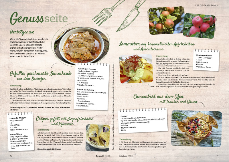 Kochbuchseiten mit Rezepten: Lammkeule mit Apfelscheiben, Crep&eacute;s mit Traubenfruchteis und Camembert aus dem Ofen, illustriert mit Fotos und Zutatlisten, Sabine Kr&uuml;ger