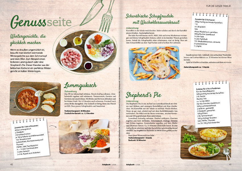 Rezeptseiten mit schw&auml;bischen Wintergerichten Lammgulasch und Shepherd's Pie, illustriert mit Foodfotografien und Zutatenlisten, Foto: Oliver Giel